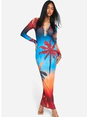 Boohoo Blue and Orange Tropical Palm Maxi Dress
